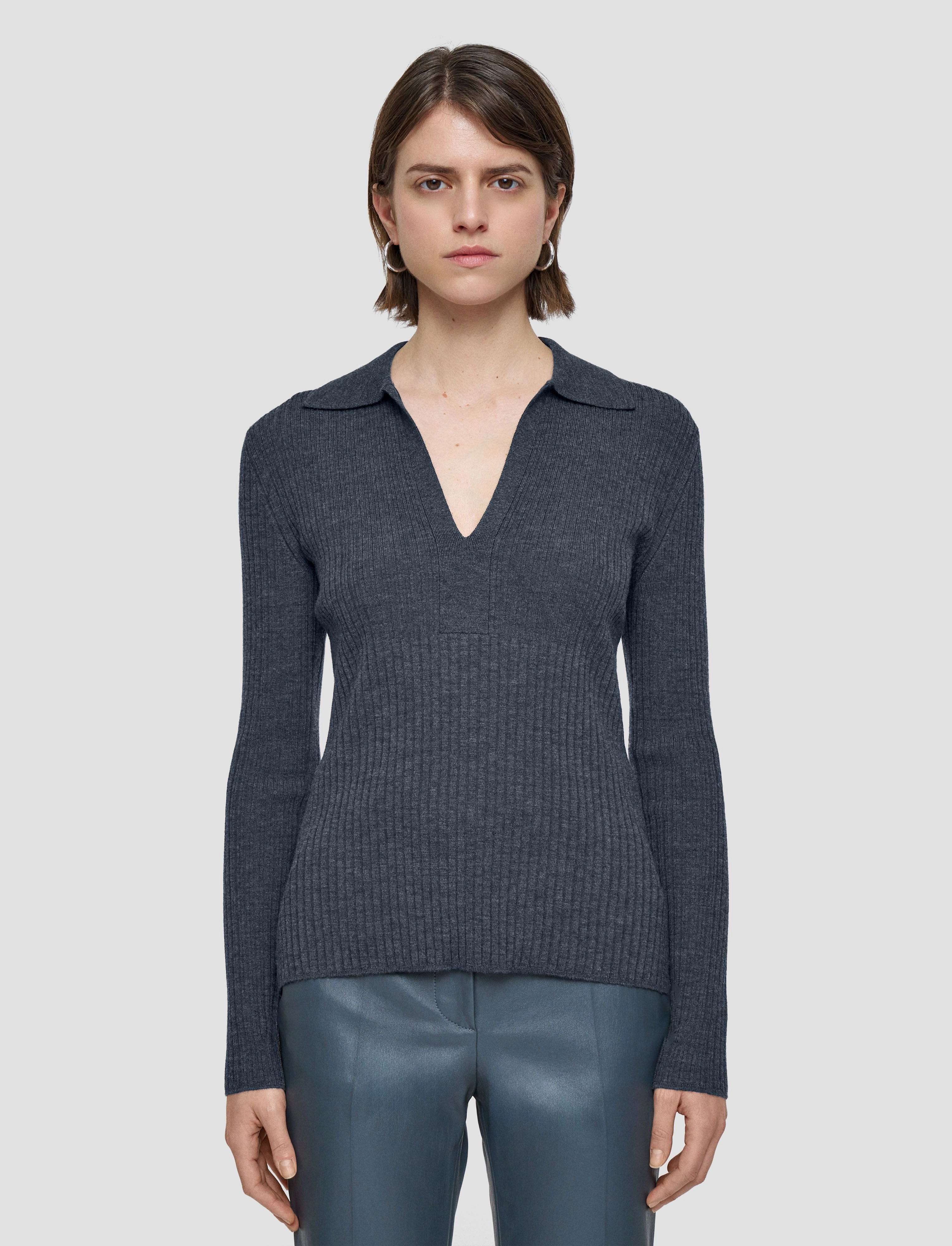 Hooded Neckline Option Merino Rib Knit Polo Top