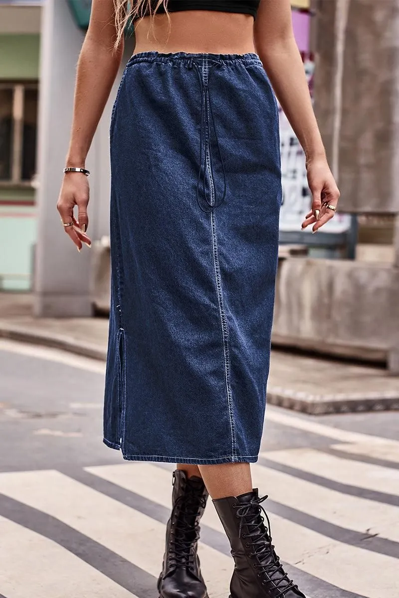 SIDE SLIT CASUAL DENIM MIDI SKIRT Breathable Wearable Sleek Appearance