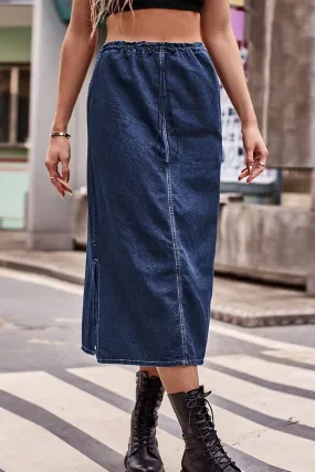 SIDE SLIT CASUAL DENIM MIDI SKIRT Breathable Wearable Sleek Appearance