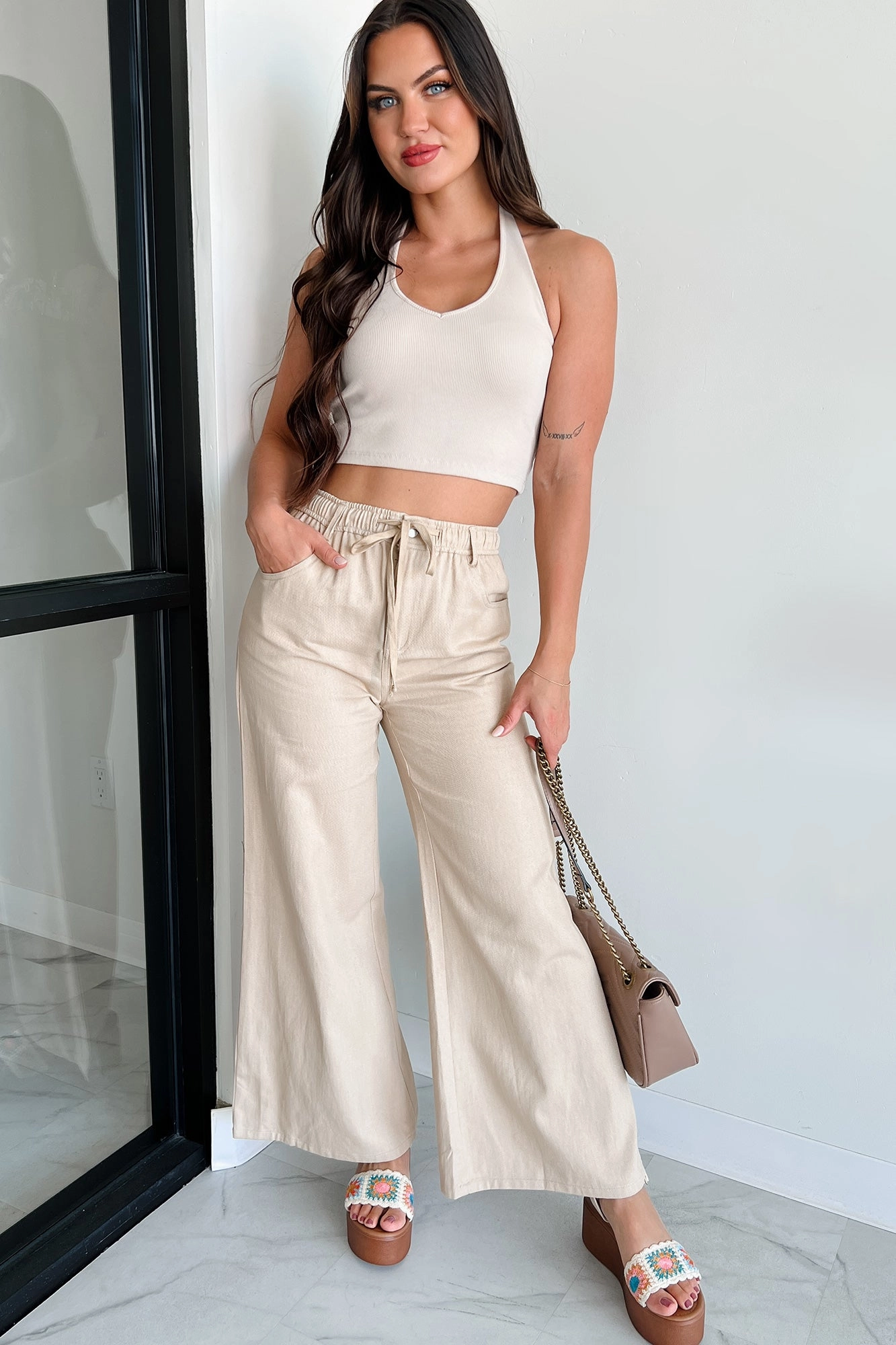 Sunny In San Fran Wide Leg Denim Pants (Beige) All Season Fabric Weight Any Time Wear