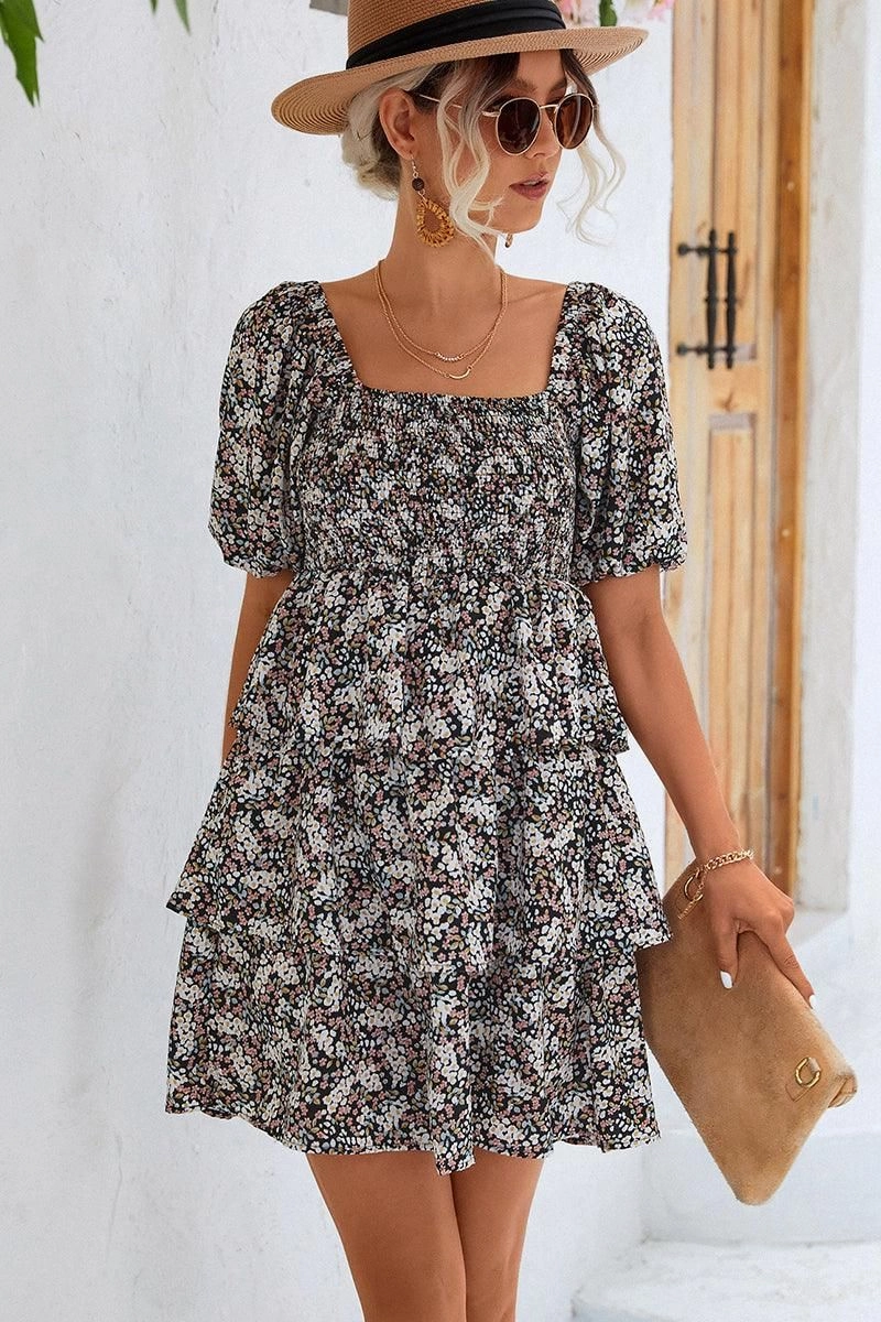 OFF SHOULDER SQUARE NECK FLORAL TIERED DRESS Relaxed outdoor dress