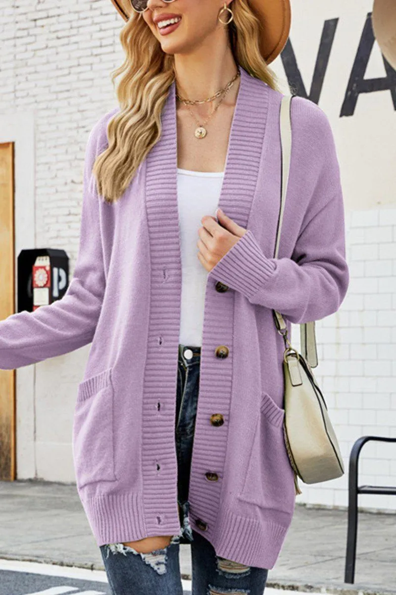 BUTTON CLOSURE RIBBED KNIT CARDIGAN WITH POCKETS Quick Access Closures Reinforced Seam Durability