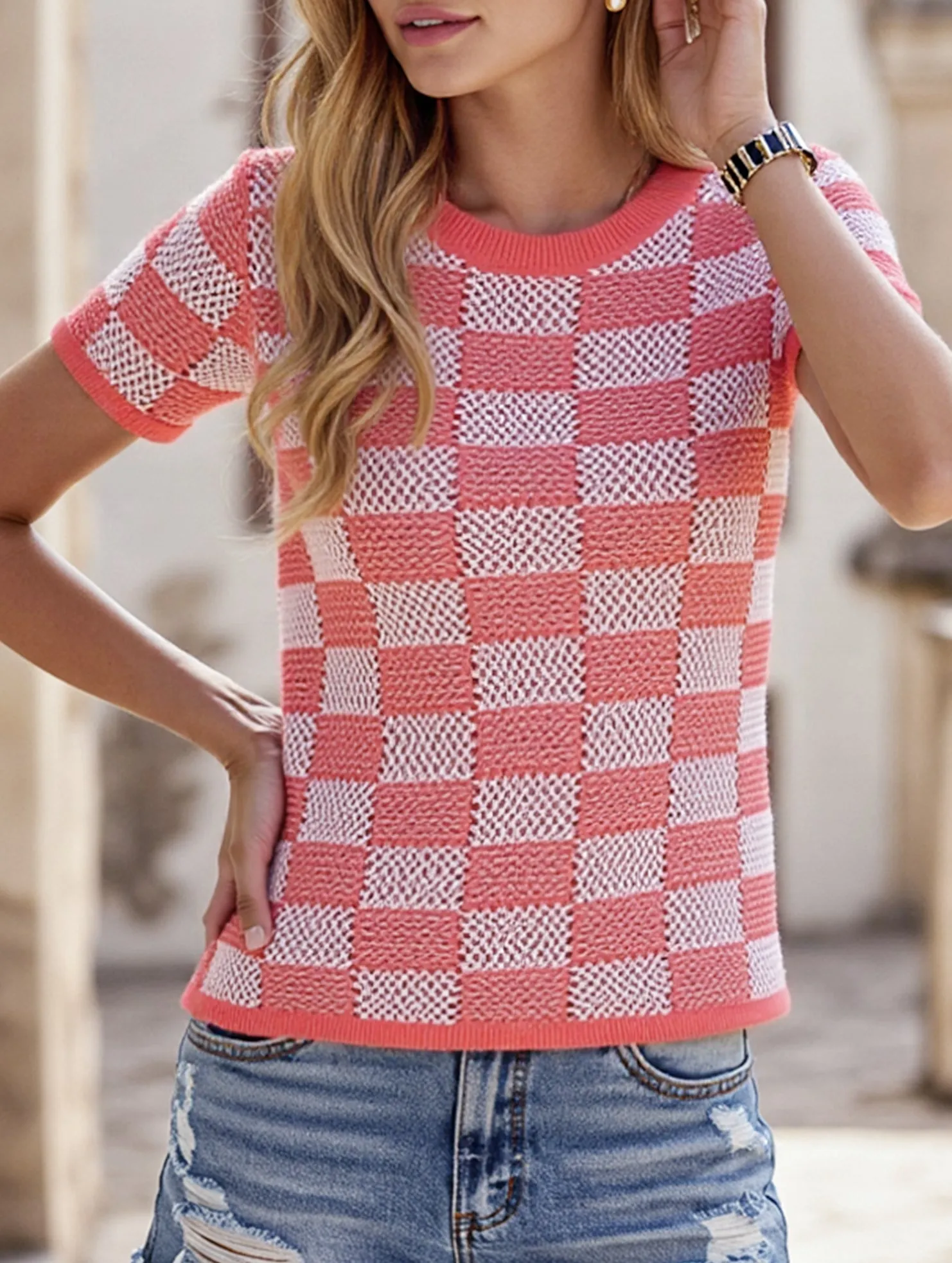 CASUAL PLAID CREW NECK KNIT SHORT SLEEVED SHIRT_CWTBLS0424 PreShrunk Fabric Unlined Design
