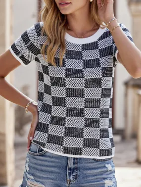 CASUAL PLAID CREW NECK KNIT SHORT SLEEVED SHIRT_CWTBLS0424 Anti Fade Technology TwoToneEffect