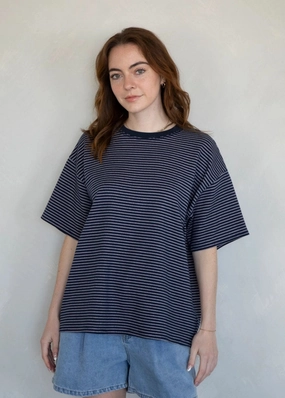 Denver Striped Oversized Tee - Navy HeatSealed Seams