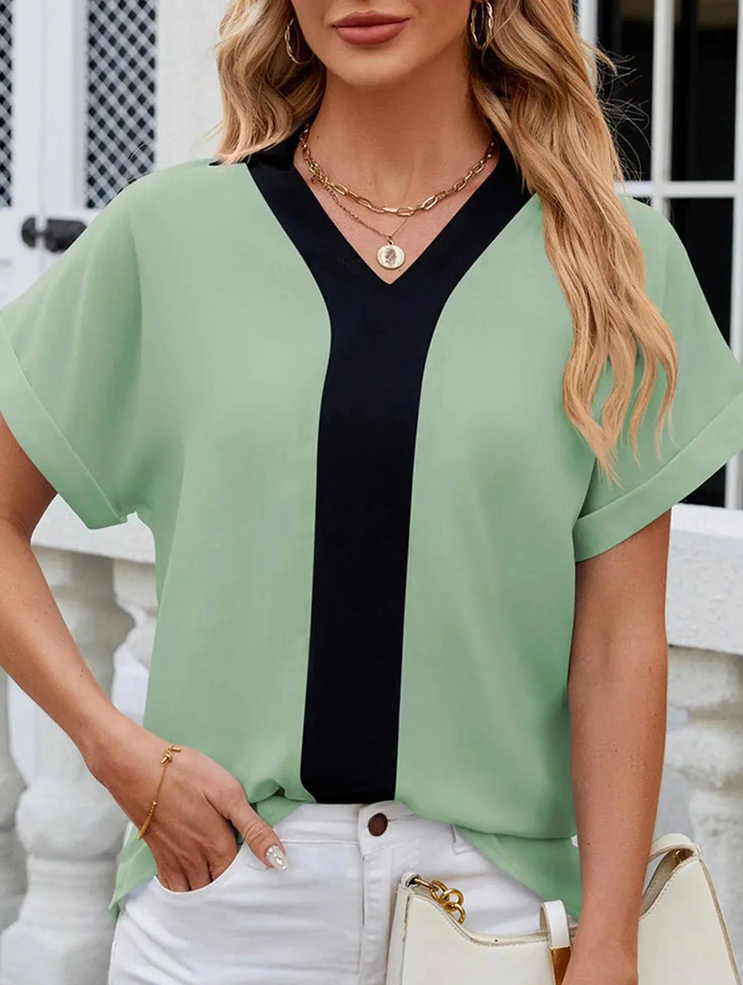 CONTASTING COLOR COLLARED CHIFFON BLOUSE_CWTBLS0516 Durable Knitwear