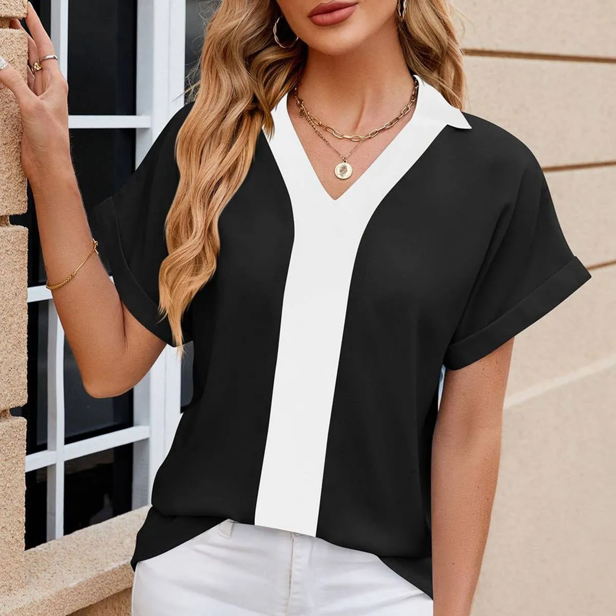 CONTASTING COLOR COLLARED CHIFFON BLOUSE_CWTBLS0516 Longline Hemline City Smart Look