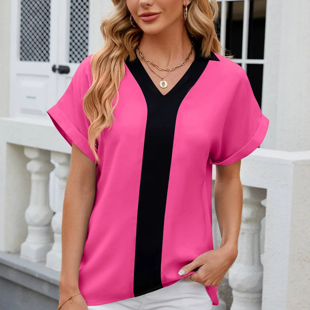 Workout Gear CONTASTING COLOR COLLARED CHIFFON BLOUSE_CWTBLS0516