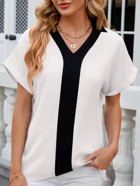 CONTASTING COLOR COLLARED CHIFFON BLOUSE_CWTBLS0516 ErgonomicSleeves