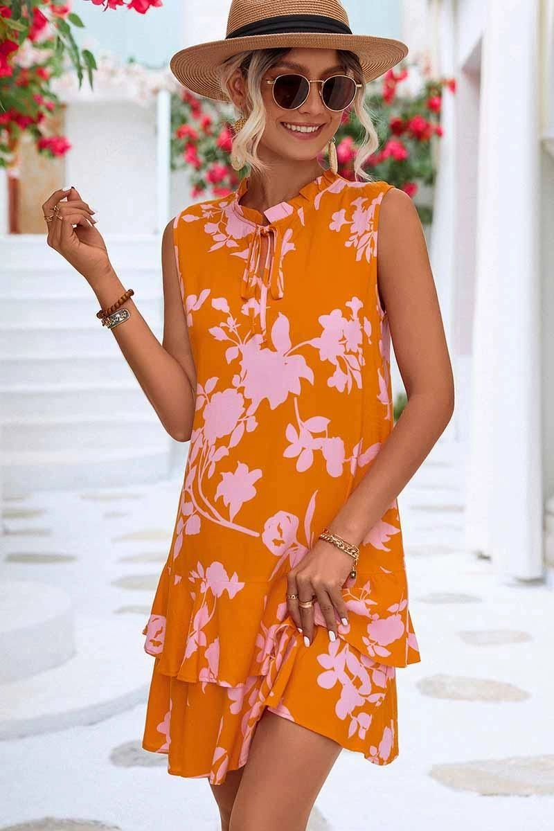Stylish Silhouette Comfortable and Soft NATURE PATTERN TIED NECK SHORT RUFFLED DRESS
