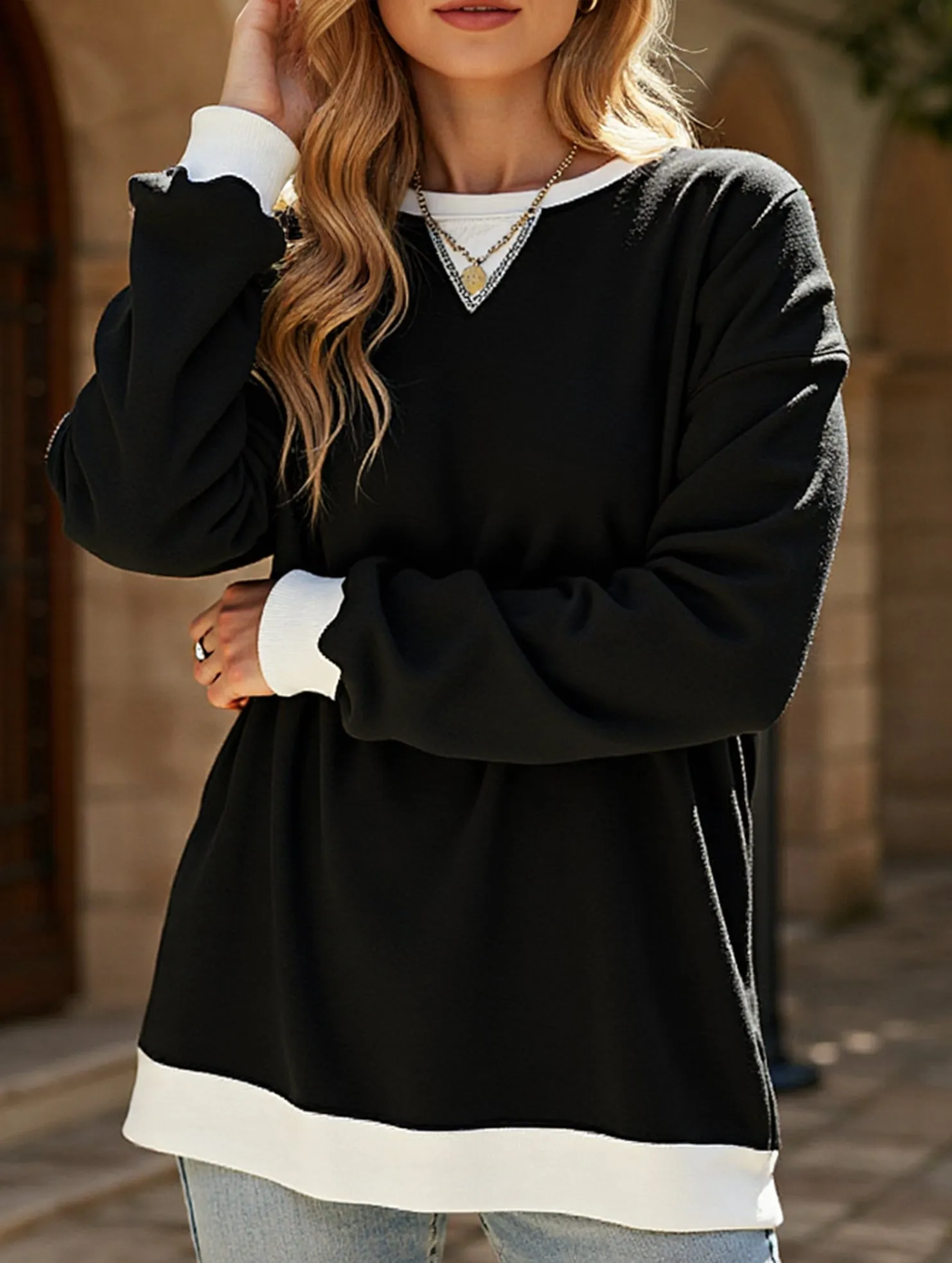 Soft Knit Piece Premium Cotton Blend Contrast color splicing round neck sweater