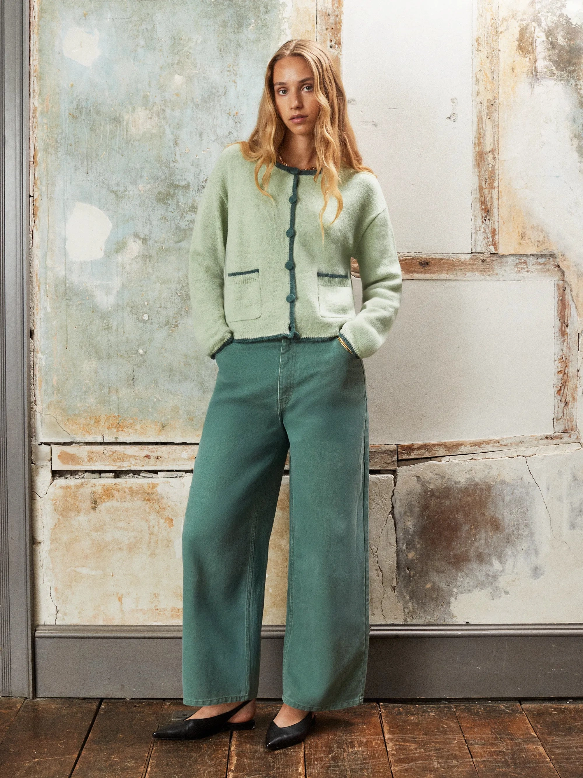 Contrast-Stitch Knit Cardigan with Wool and Alpaca PreShrunkFabric