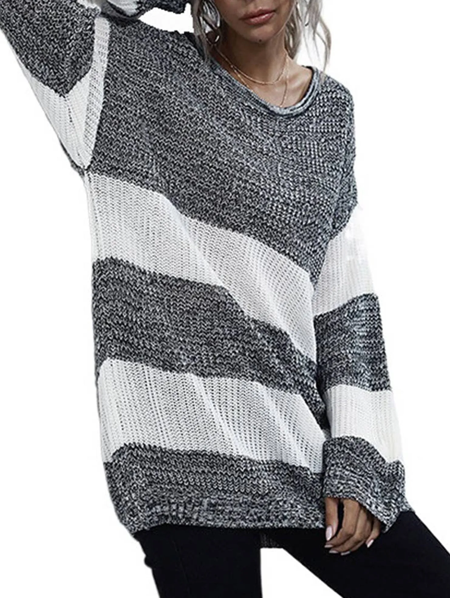 CONTRASTING STRIPED PATCHWORK SWEATER_CWOSWL2110 Simple Comfort Cozy Wardrobe