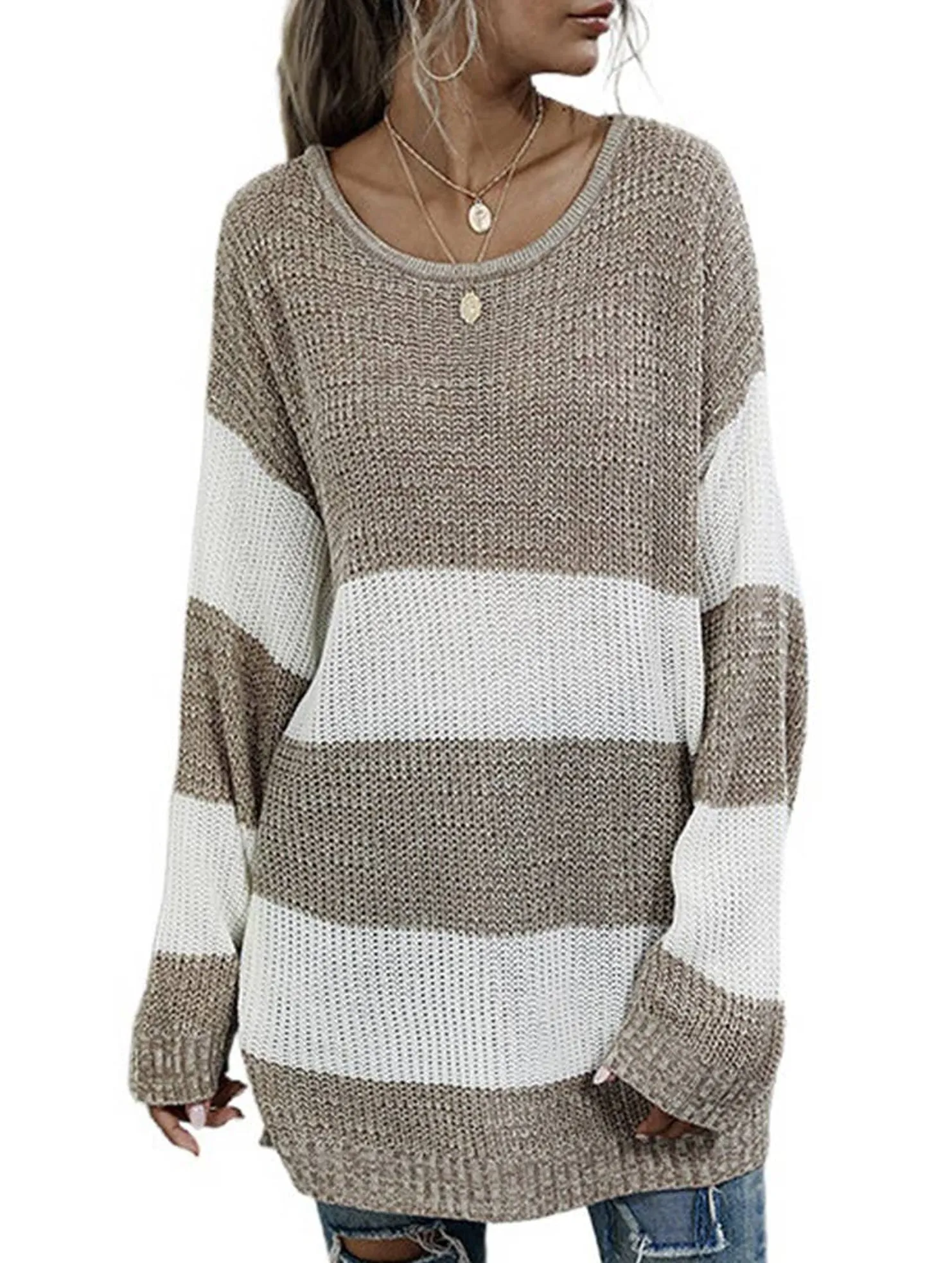 CONTRASTING STRIPED PATCHWORK SWEATER_CWOSWL2110 Bomber Cut