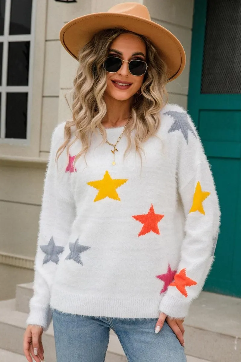 Double Needle Stitching WOMENS COLORED STAR PATTERN SWEATER TOP
