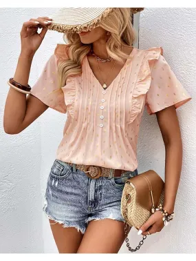WOMEN BUTTONED V NECK RUFFLE SHORT SUMMER T SHIRT RibbedNeckline