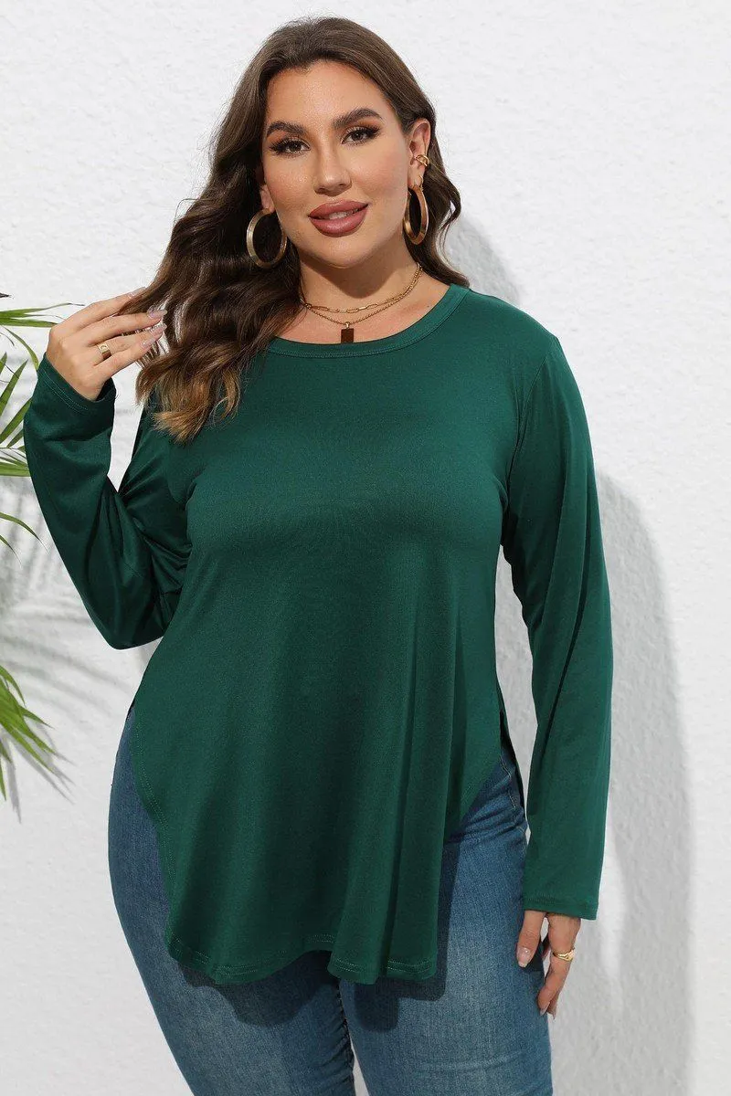 WOMEN PLUS SIZE SIDE SLIT LONG SLEEVE T SHIRT Holiday Outfit