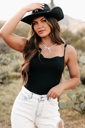 Flexible Style Wear Daily Casual Cool & Controlled Cowl Neck Tank Bodysuit (Black)