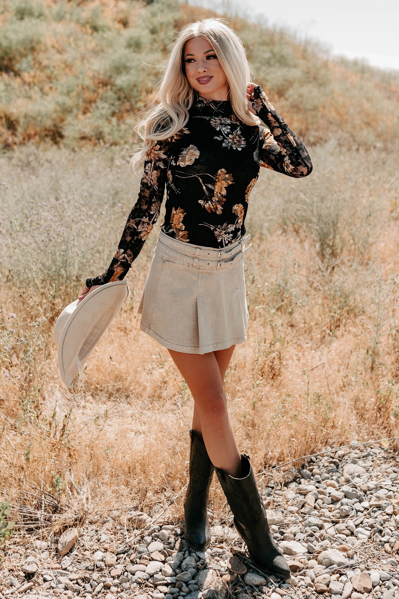 Durable Rivet Hardware Cool, Calm & Collected Belted Denim Mini Skirt (Khaki)