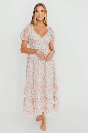 Danielle Corset Maxi Dress in White/Pink Floral *Final-Sale* Silky-Lining
