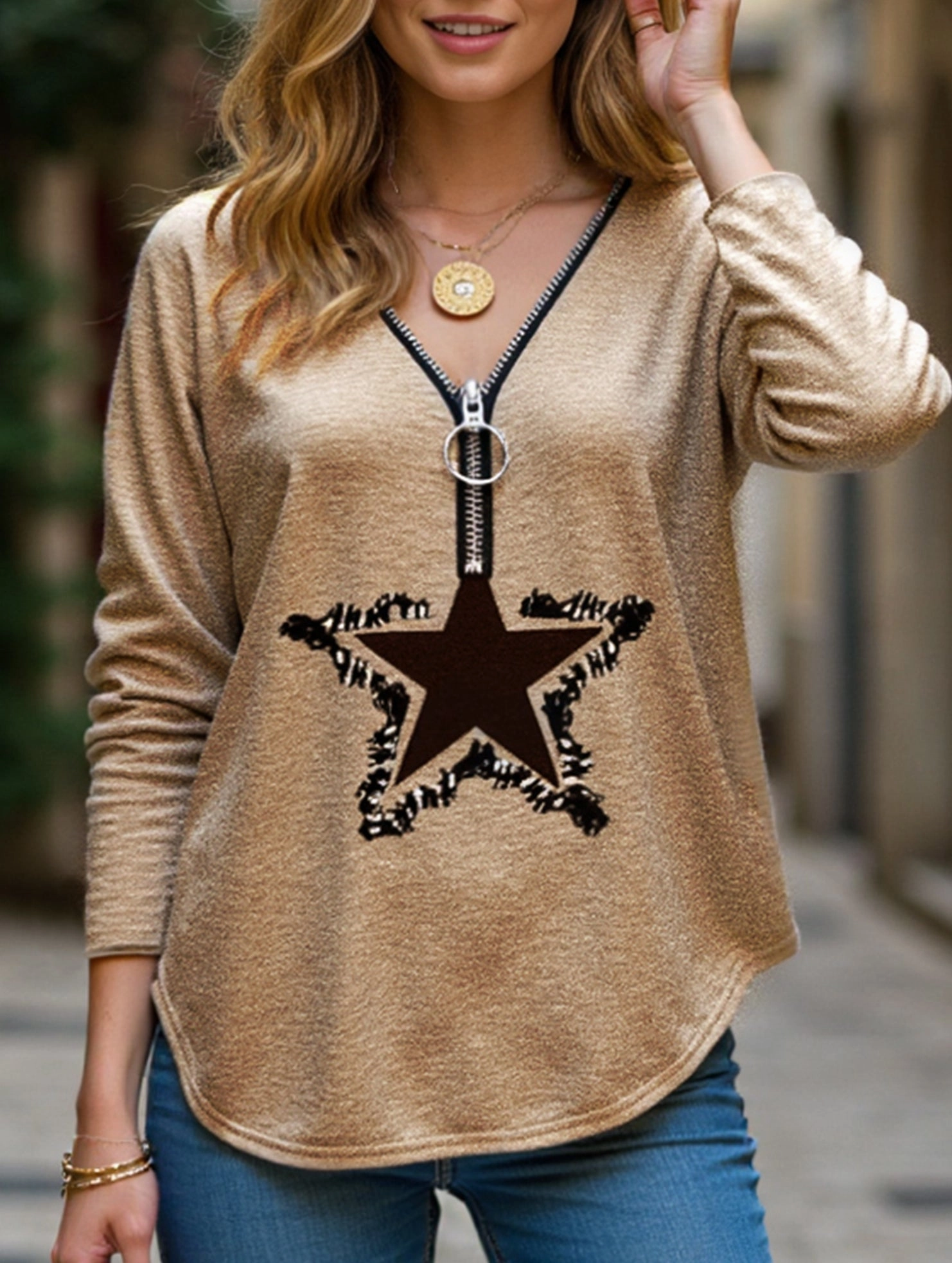 FlexibleKnit zippered v-neck long-sleeved pullover loose shirt