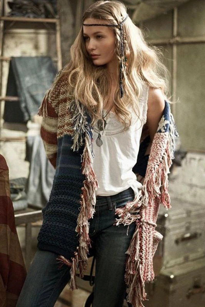 Easy Fit Adventure WOMEN CONTRASTING STAR STRIPE FRINGE KNIT CARDIGAN100% POLYESTERSIZE S(2)-M(2)-L(2)-XL(2)MADE IN CHINA