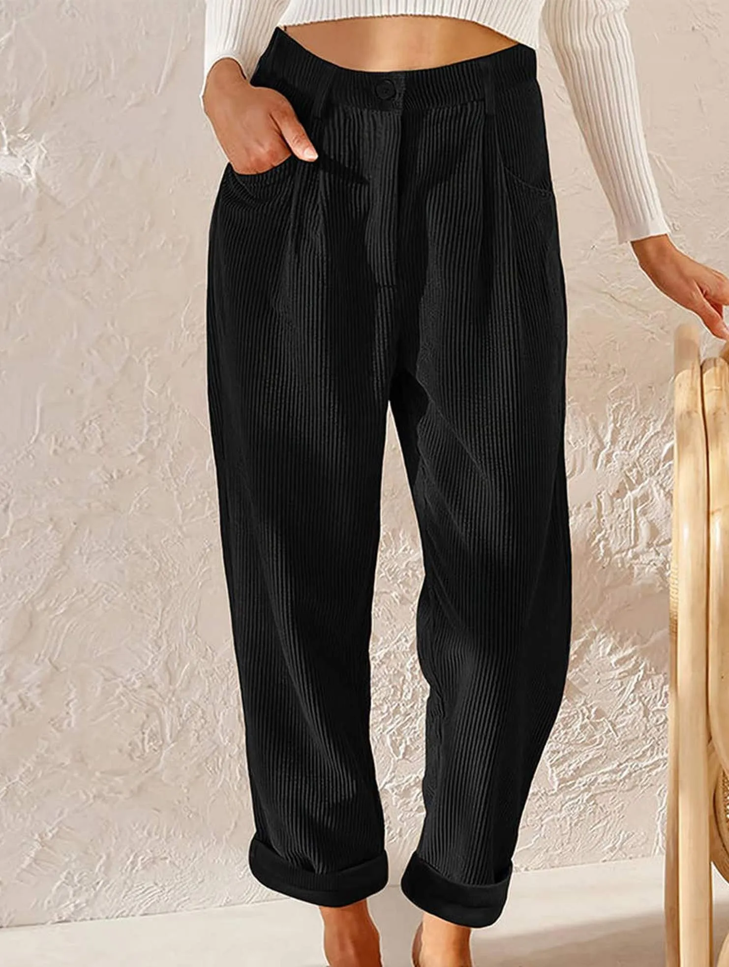 CORDUROY HIGH WAISTED STRAIGHT LEG PANTS_CWBLP0643 Stylish Layers MultiPocketDesign