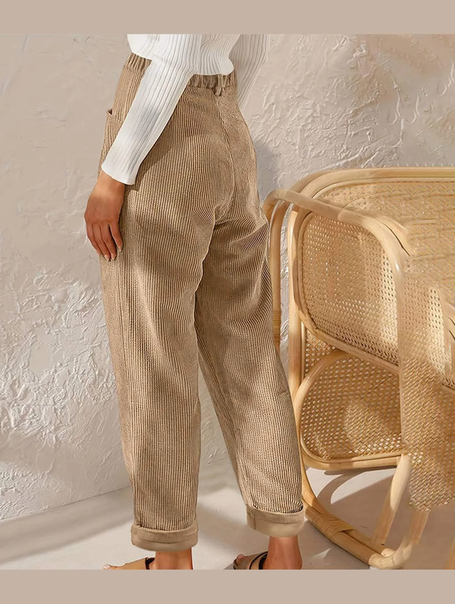 CORDUROY HIGH WAISTED STRAIGHT LEG PANTS_CWBLP0643 Functional Comfort