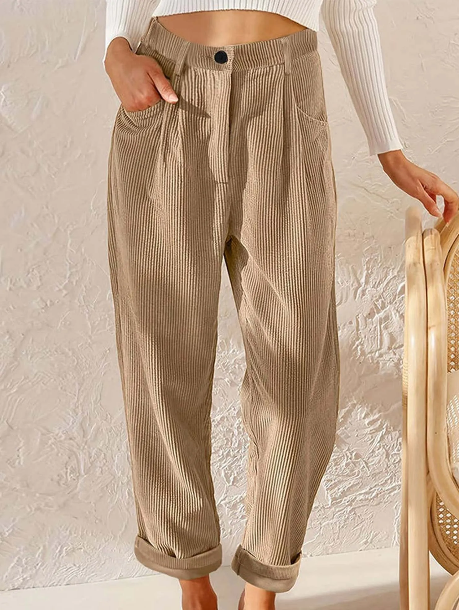 Erasable Logo Patch CORDUROY HIGH WAISTED STRAIGHT LEG PANTS_CWBLP0643