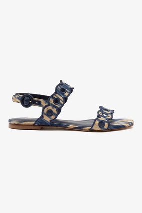 Supportive Style High Lane Florence Broderie Flat Sandal In Tie Dye Beige and Navy Raffia