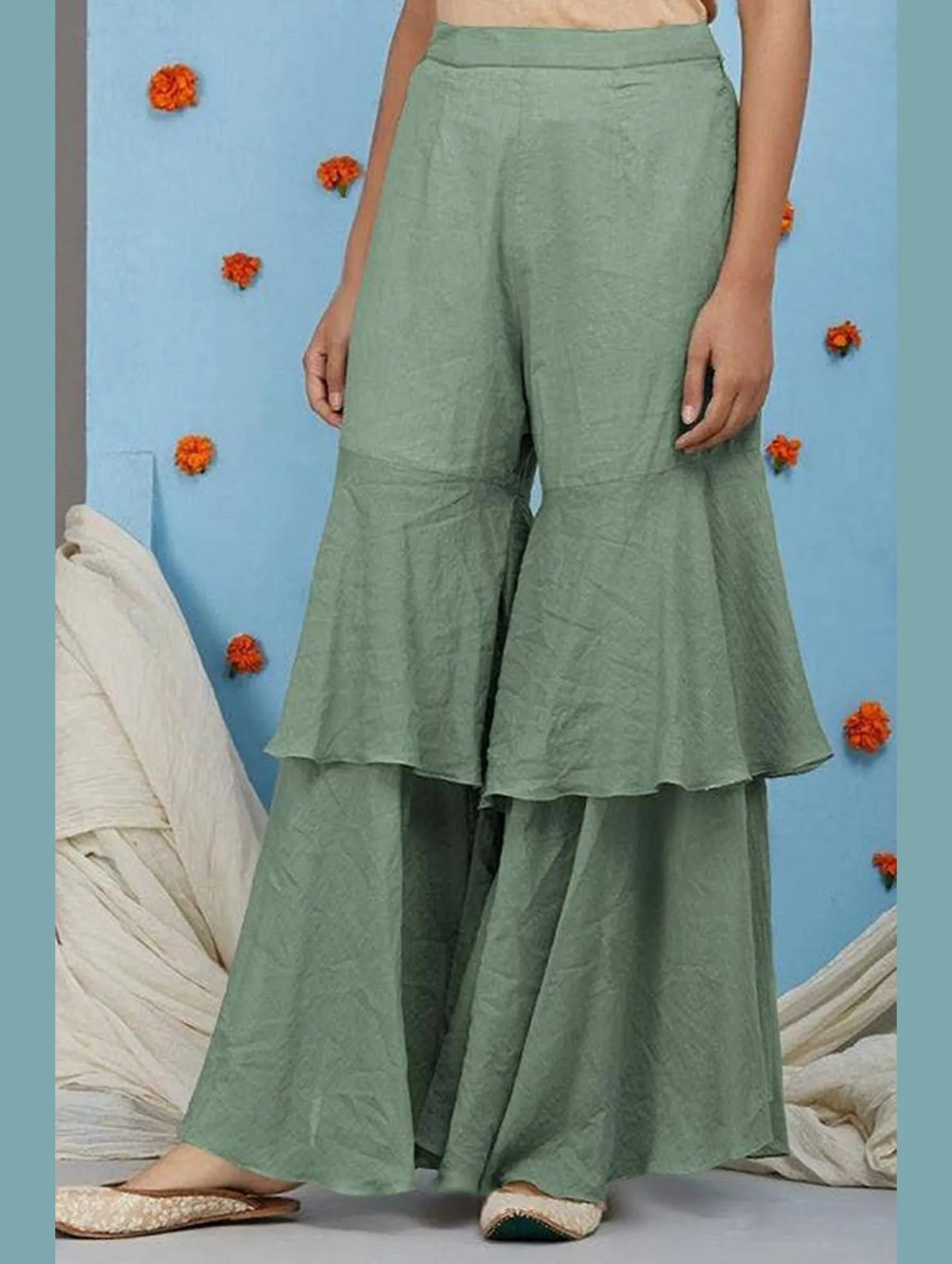 COTTON AND LINEN PATCHWORK CASUAL WIDE PANTS_CWBLP0634 Embroidered Detail Tough Build