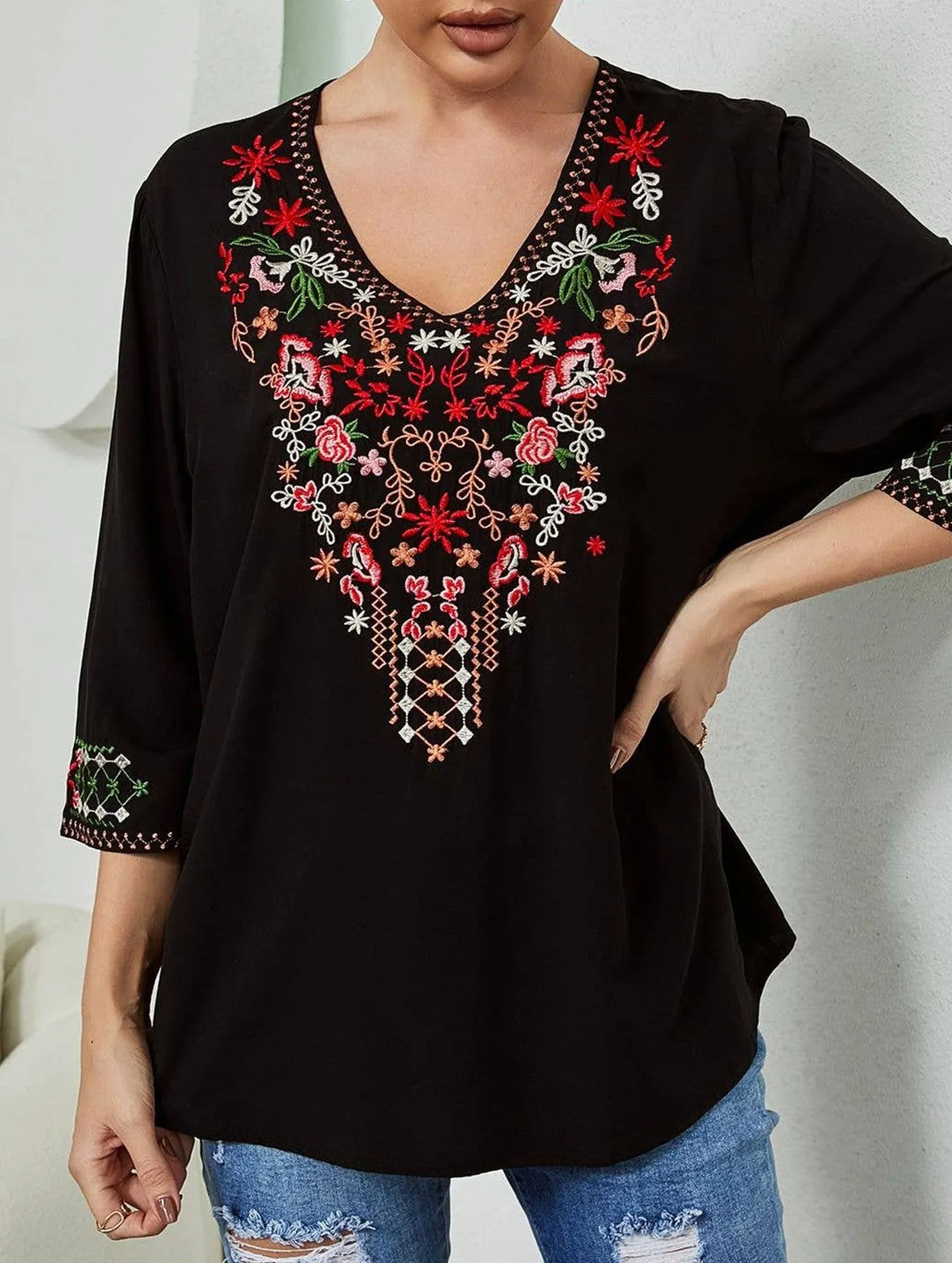 Bold Look LightweightBlend COTTON LOOSE DEEP V EMBROIDERED TOP_CWTBLL0818