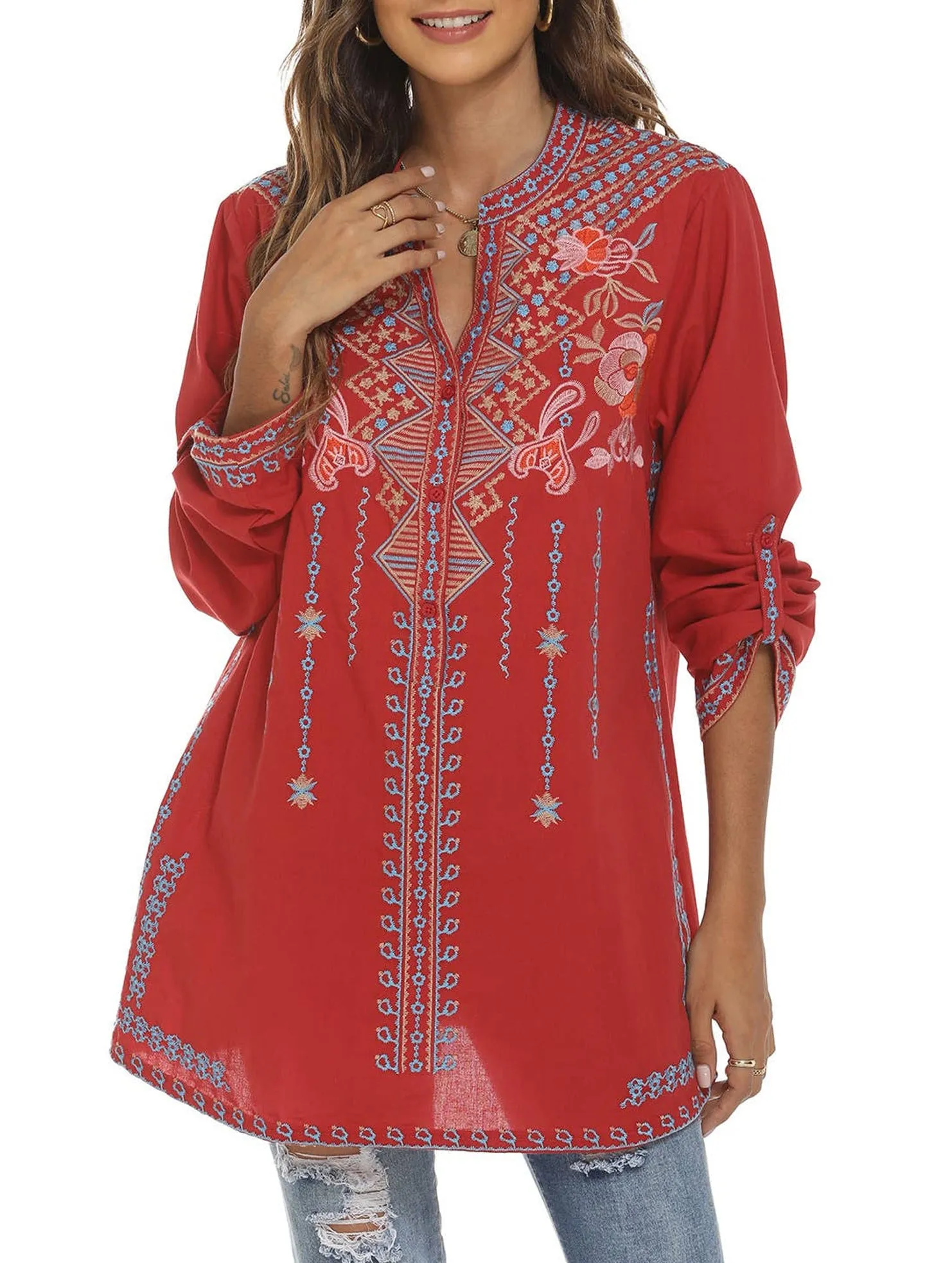 NonIrritating Seams AdjustableNeckline COTTON STAND-UP COLLAR EMBROIDERED SHIRT_CWTBLL0819