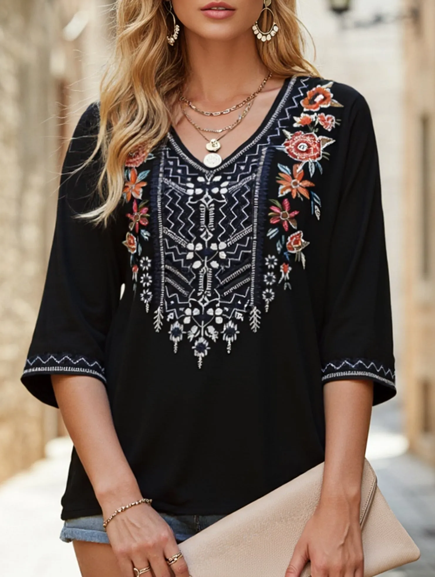 Everyday Look Stylish Cotton V-Neck Plus Size Embroidered Blouse | Black and Brown
