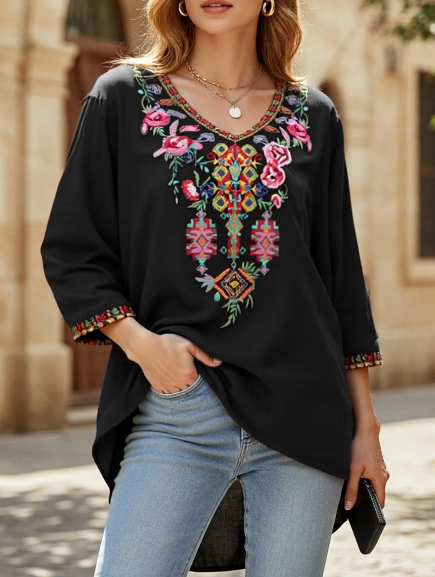COTTON V-NECK STYLE EMBROIDERED TOP NoSlipGripperBand Compact TravelFriendly Design