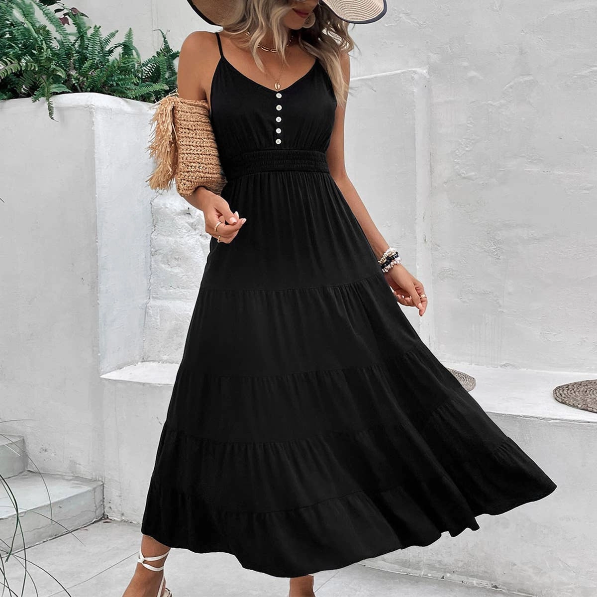 Recycled-Material Versatile and Comfortable COTTON AND LINEN HALTER DRESS_CWDMD1563