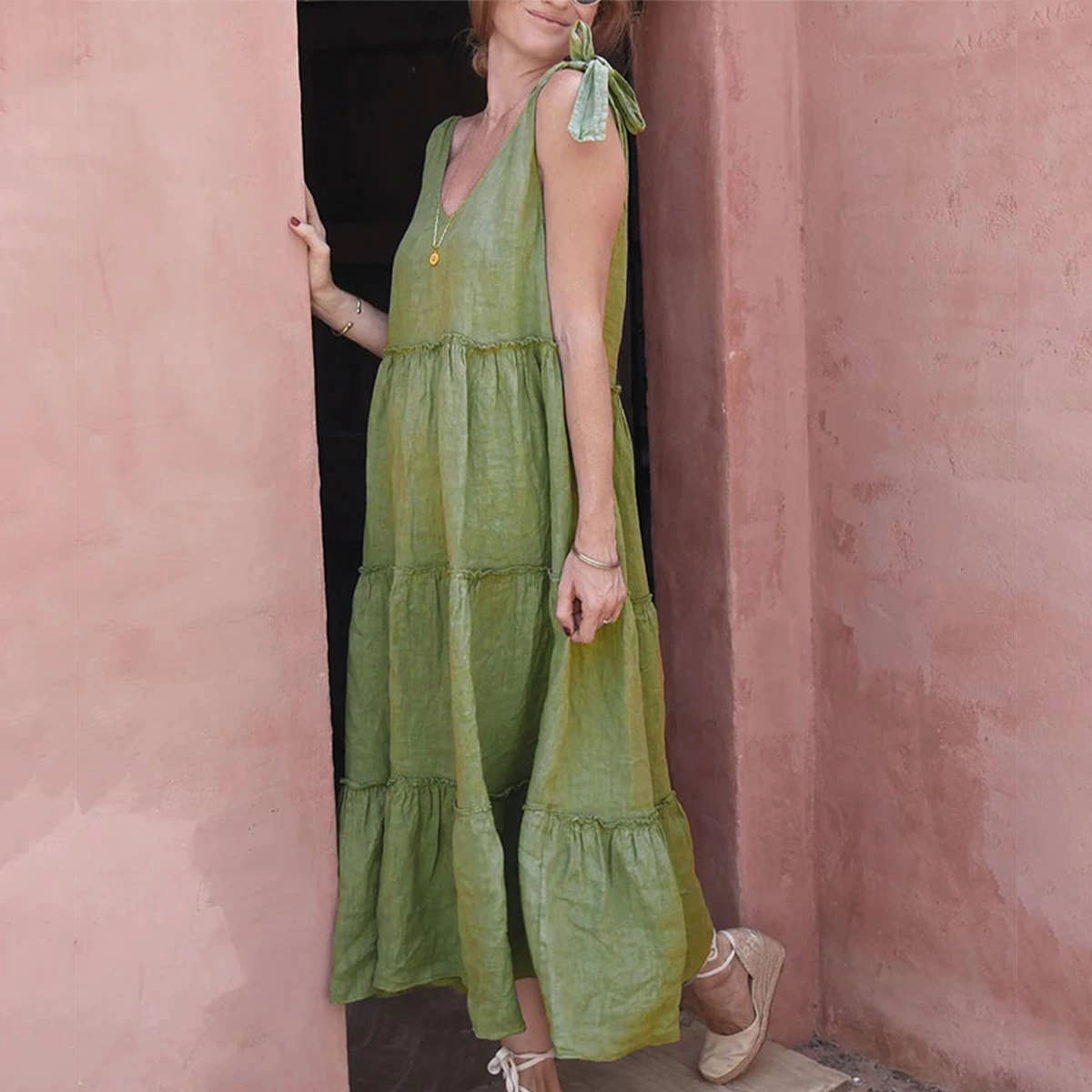 COTTON AND LINEN SLEEVELESS DRESS_CWDMD1544 Sleek And Stylish