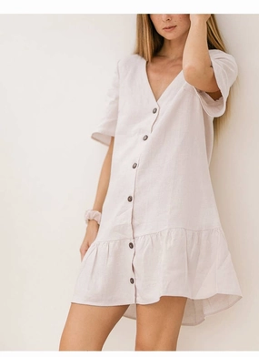 Relax Draping Layered Look COTTON AND LINEN V-NECK SINGLE-BREASTED DRESS_CWDSD4144