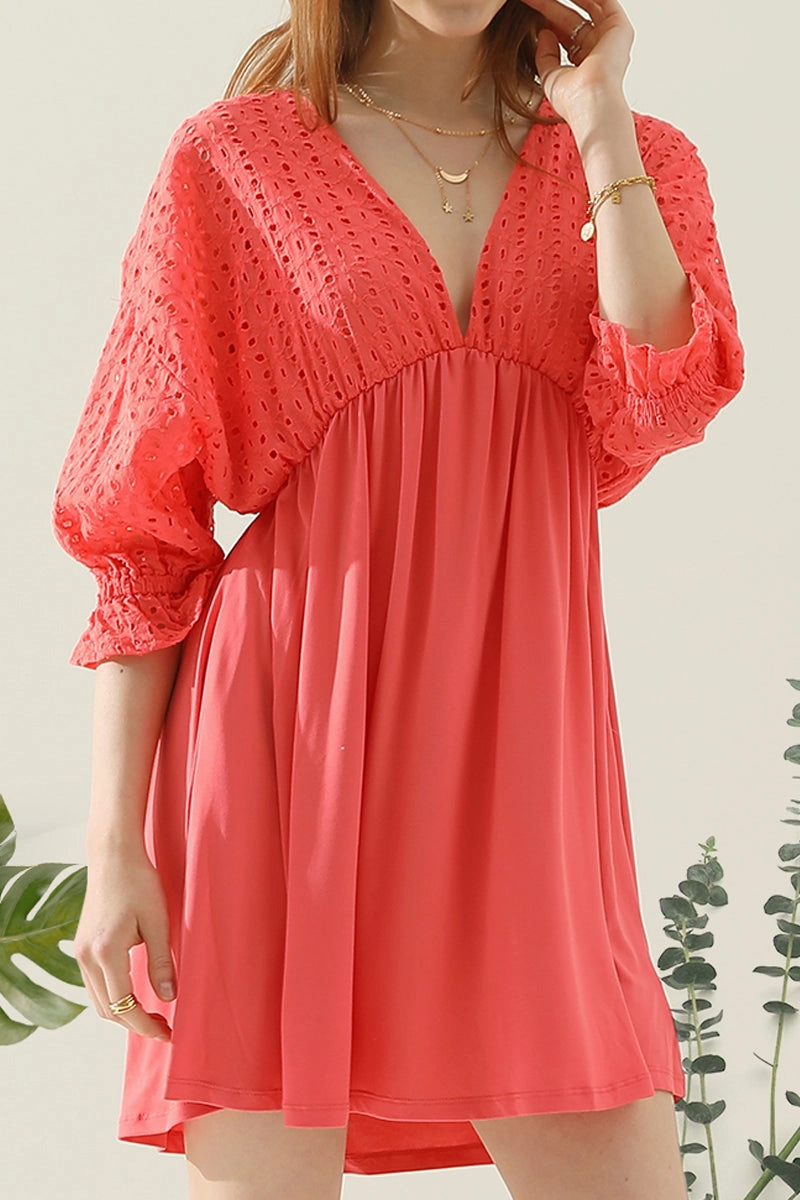 Polished office dress COTTON EYELET 3/4 SLEEVE DRESS