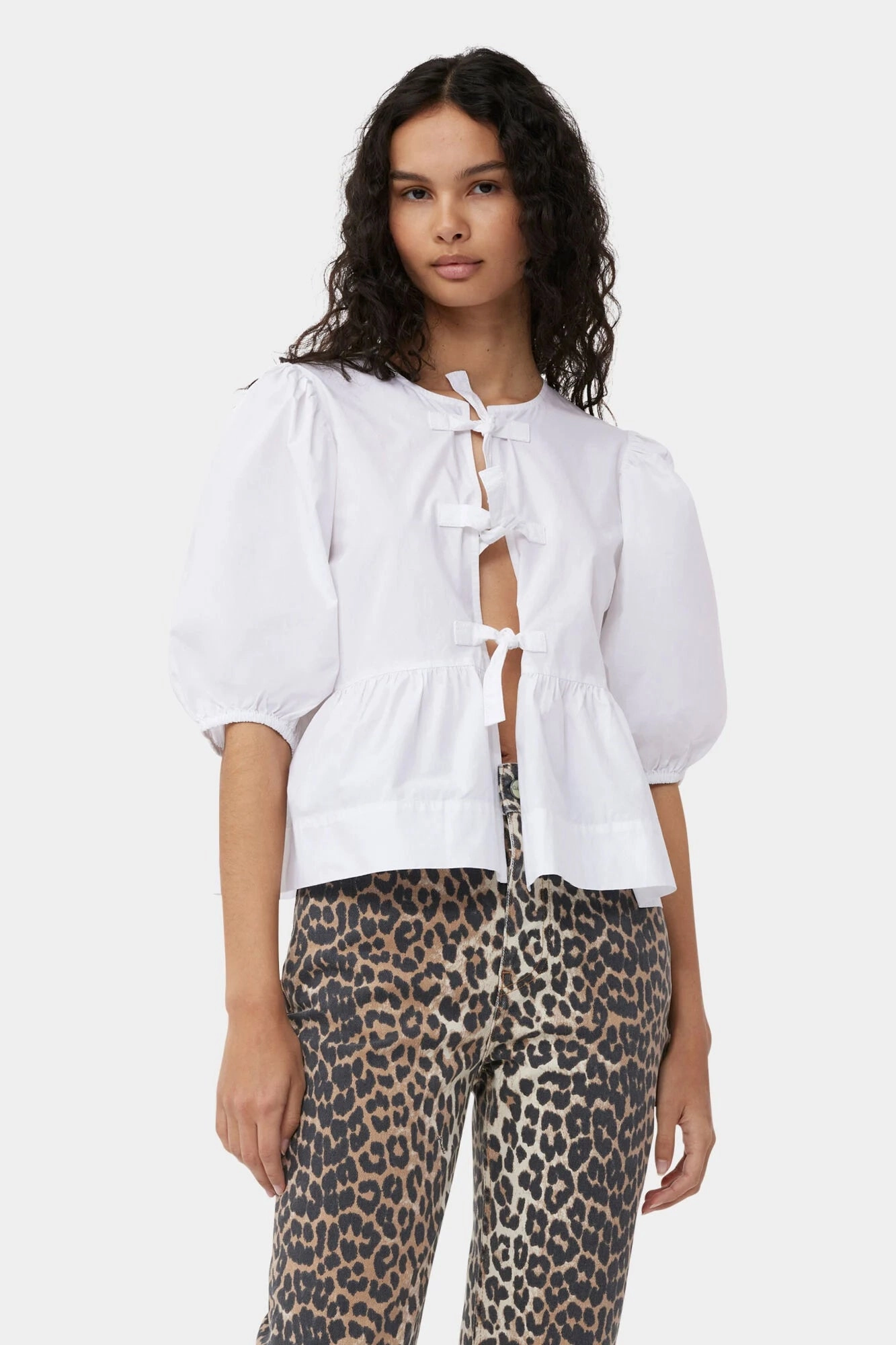 Contrast Stitching MeshPanelIntegration Cotton Poplin Peplum Tie Blouse