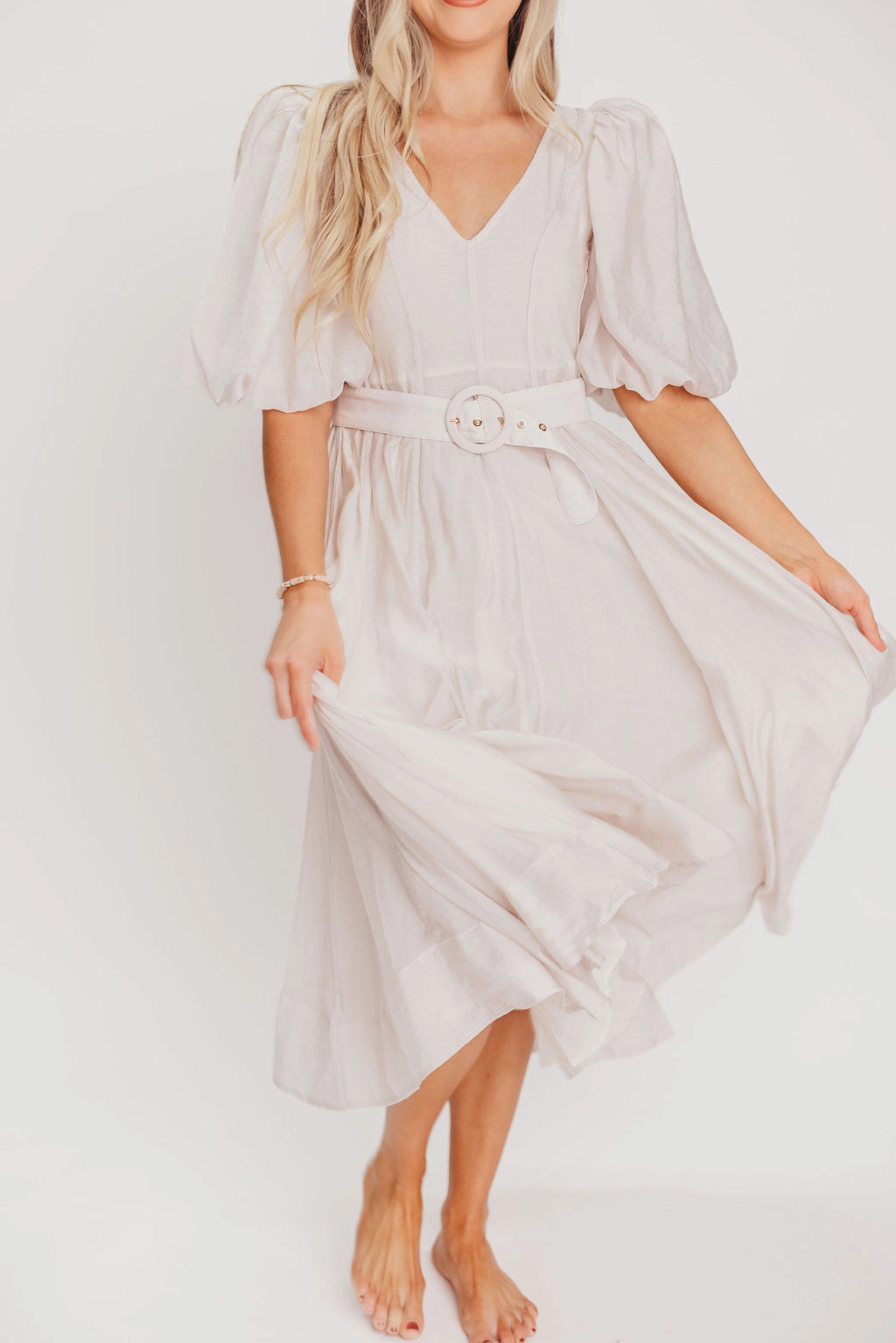 Velvet-Edge Decorative-Design Courtney Puffed Sleeve Midi Dress with Belt in Natural