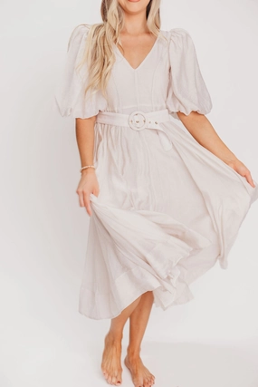 Velvet-Edge Decorative-Design Courtney Puffed Sleeve Midi Dress with Belt in Natural