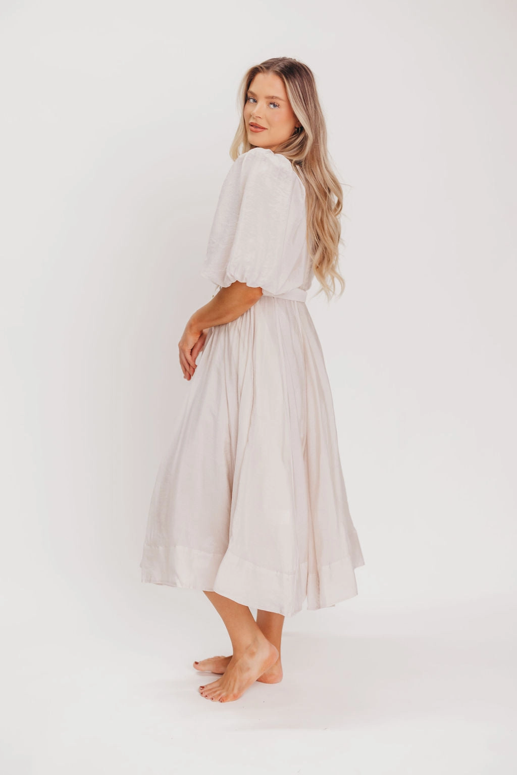 Courtney Puffed Sleeve Midi Dress with Belt in Natural Chilly Weather Wear