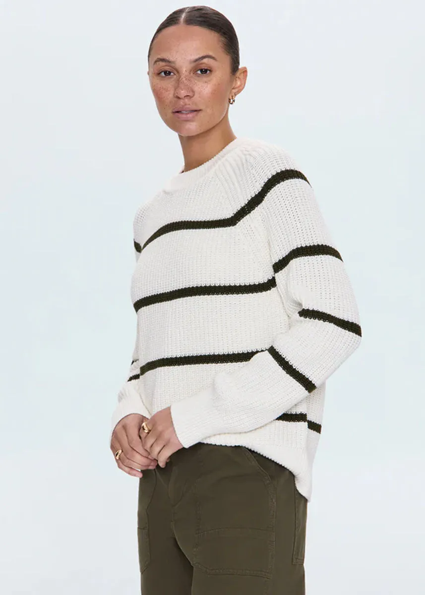 Edie Raglan Crewneck Sweater - Olive Stripe Quick Drying Technology Flexible Waistband