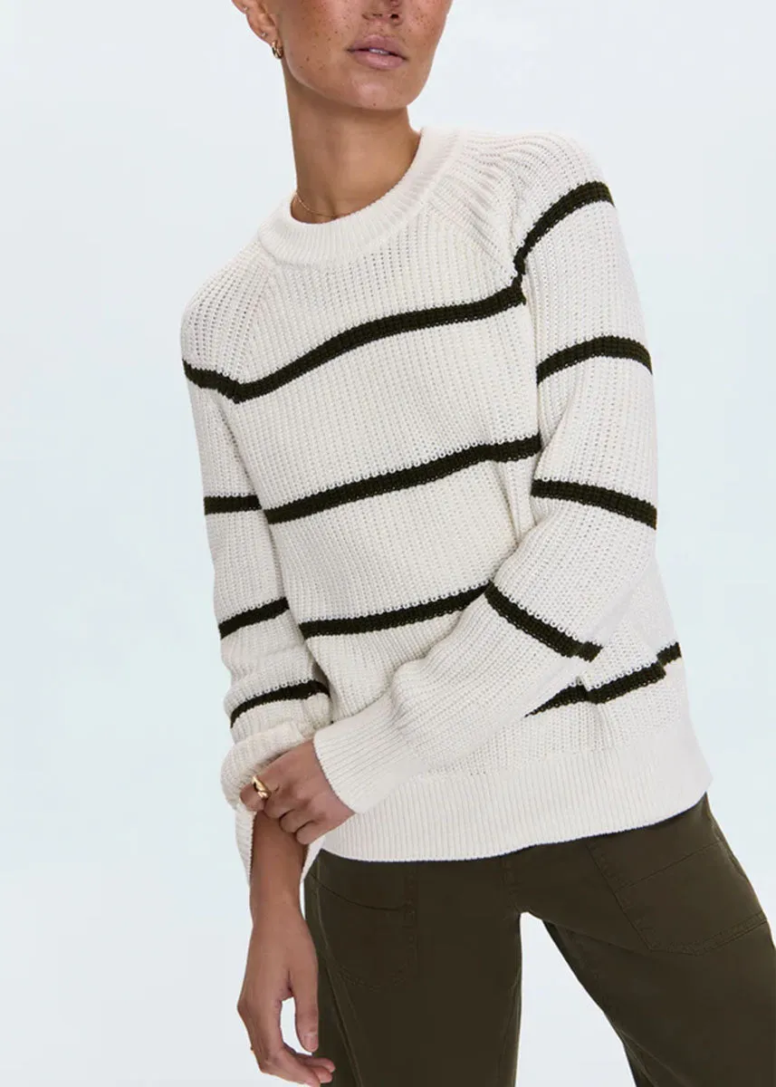 Edie Raglan Crewneck Sweater - Olive Stripe Snuggly Knit Moisture Wicking Fibers