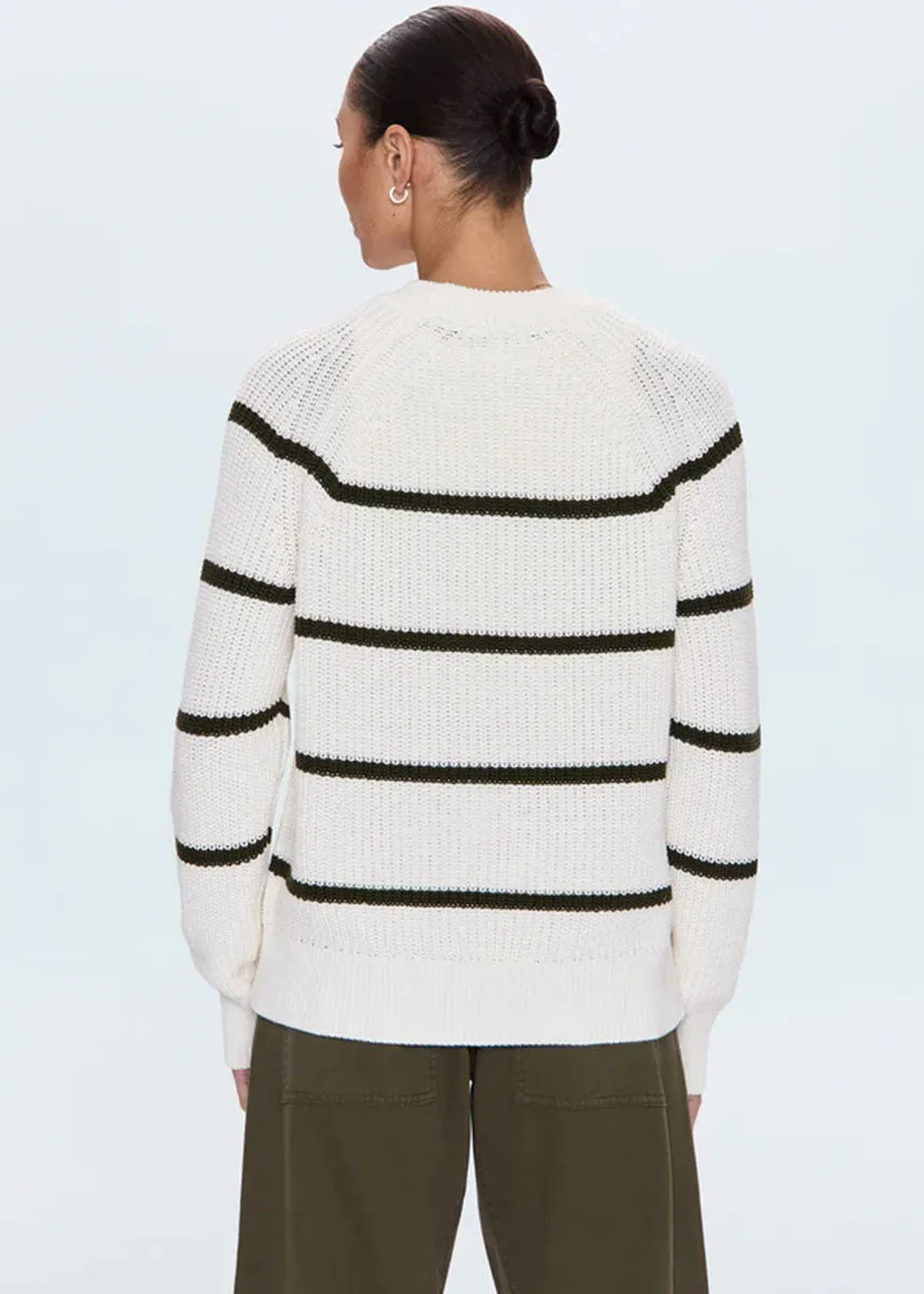 Edie Raglan Crewneck Sweater - Olive Stripe Cozy Fleece