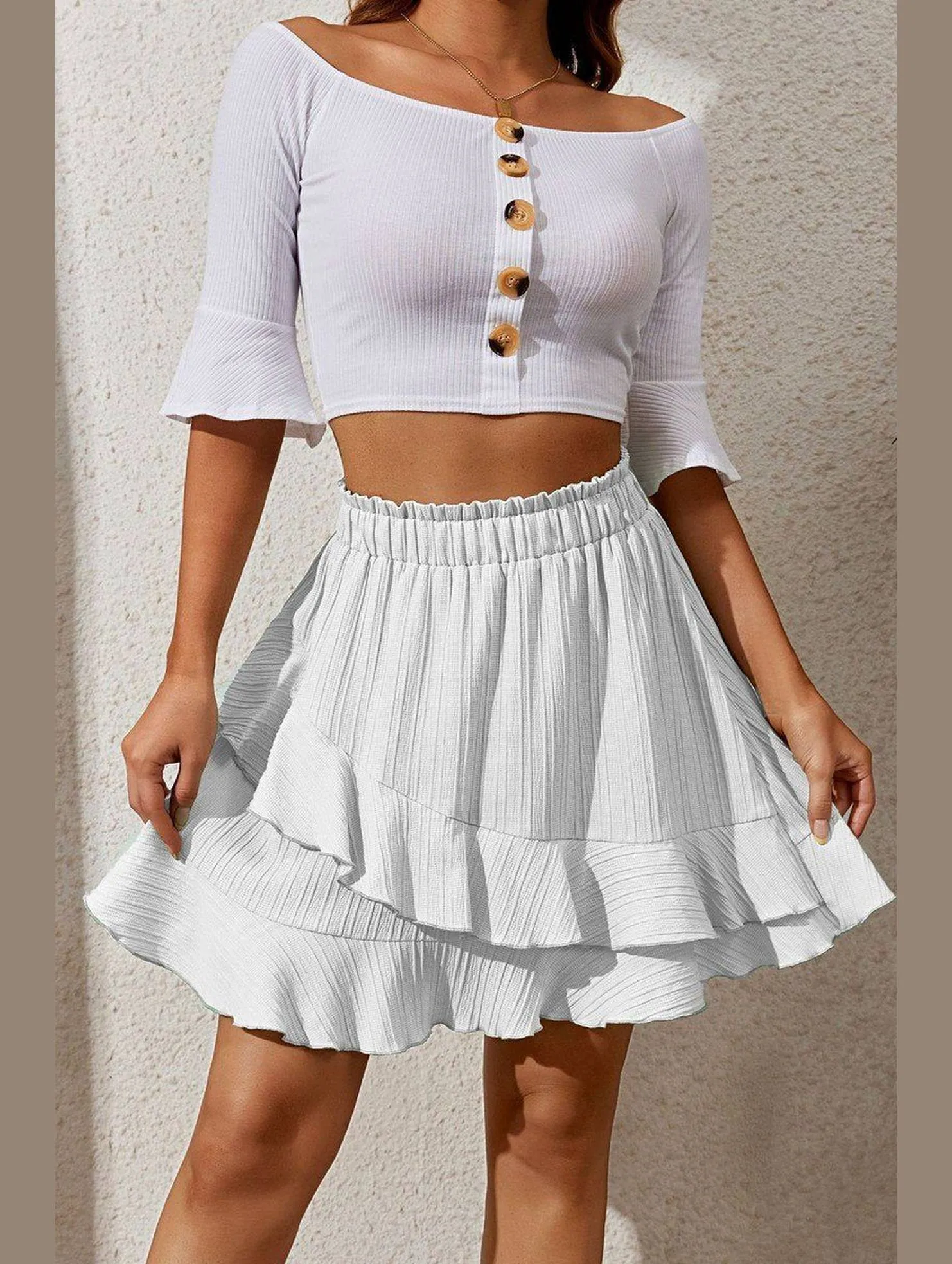 WOMEN RUFFLED HIGH ELASTIC WAIST SHORT SKIRT Universal Fit System