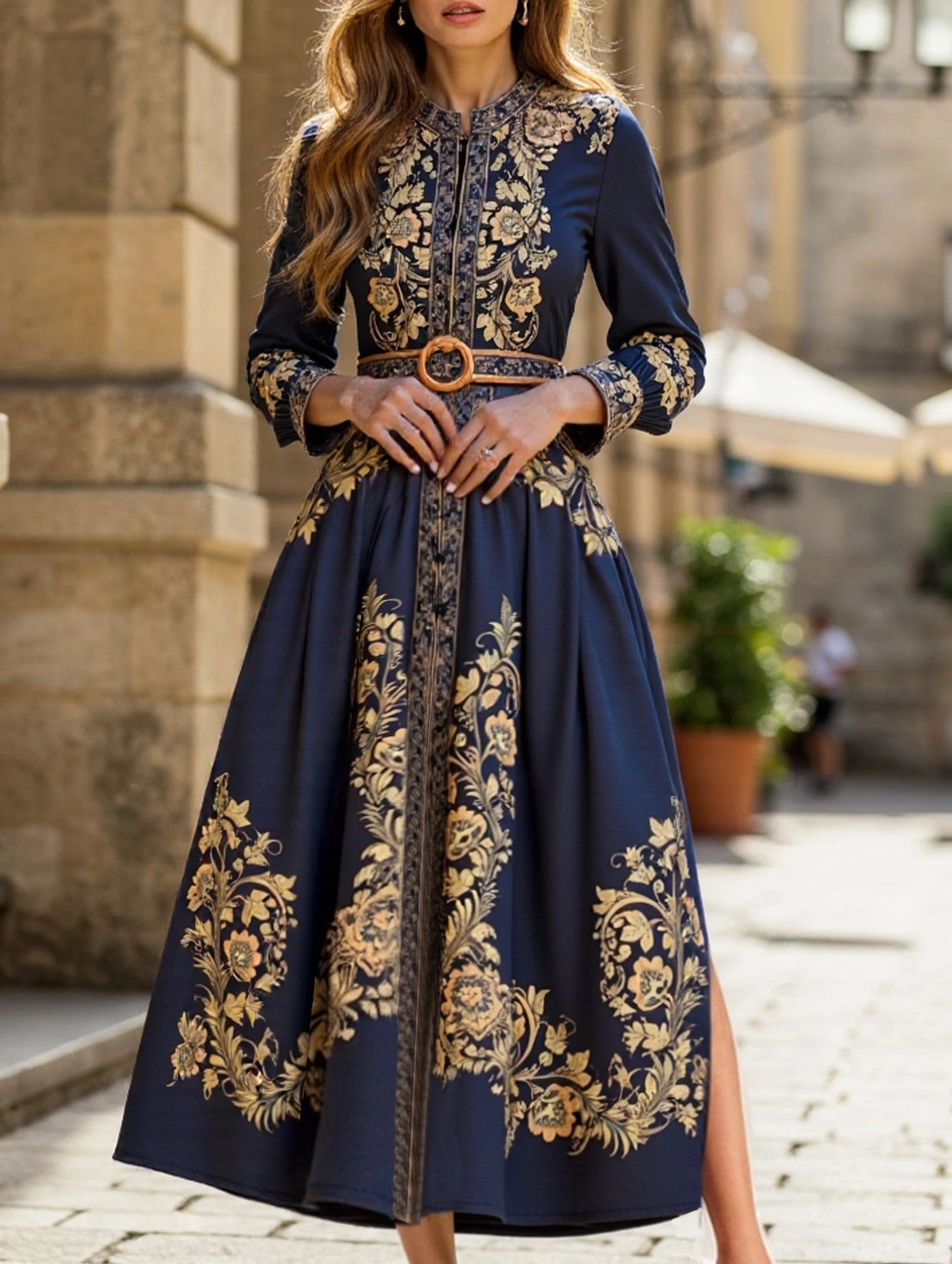 RETRO PALACE STYLE PRINT STAND COLLAR SLIT DRESS Casual Pick All-Day Fit