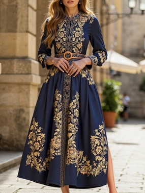 RETRO PALACE STYLE PRINT STAND COLLAR SLIT DRESS Invisible-Zip Lace Soft