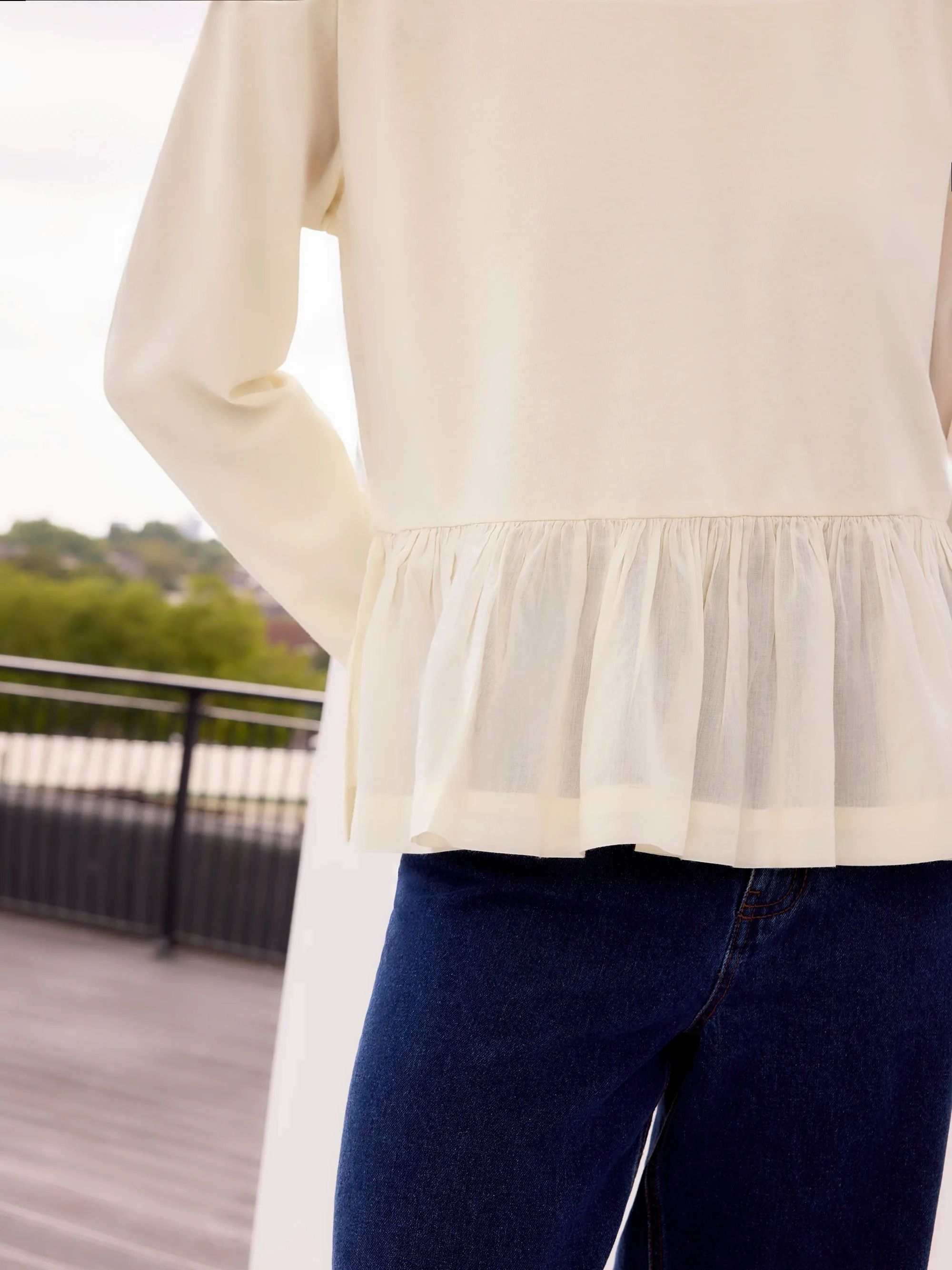 Soft Wool Layered Look Cream Peplum-Hem Long-Sleeved Organic Cotton T-Shirt